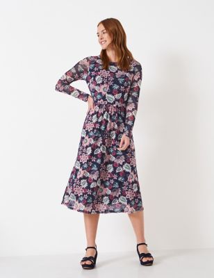 Crew Clothing Womens Jersey Floral Round Neck Midi Waisted Dress - 8 - Navy Mix, Navy Mix