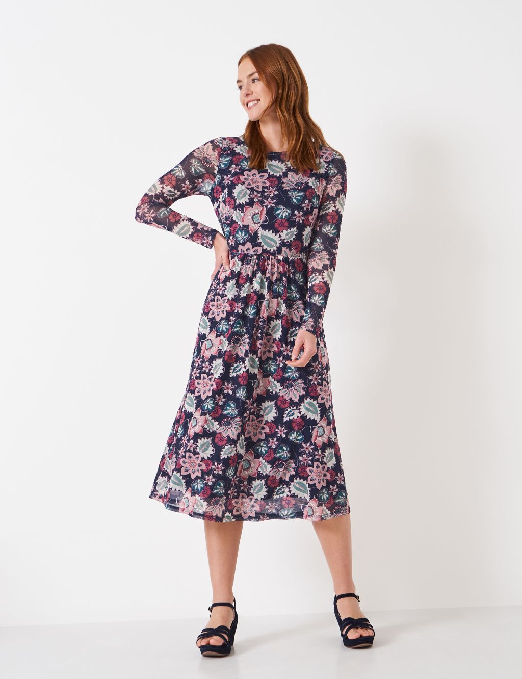 Jersey Floral Round Neck Midi Waisted Dress