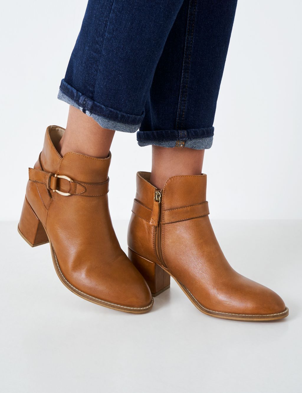 Leather Buckle Block Heel Ankle Boots