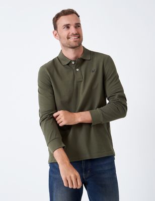 Crew Clothing Mens Pure Cotton Long Sleeve Polo Shirt - Medium Green, Medium Green,Medium Grey,Light