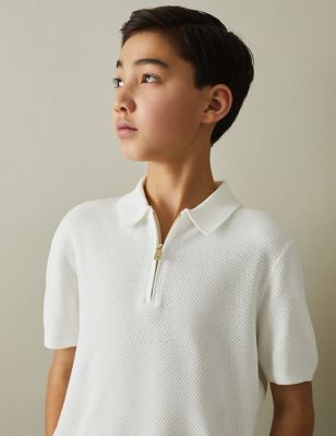 Reiss Boys Cotton Rich Half Zip Polo Shirt (3-14 Yrs) - 9-10Y - White, White,Blue,Dark Blue