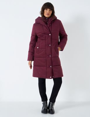 Crew Clothing Womens Padded Quilted Hooded Longline Coat - 10 - Berry, Berry,Navy