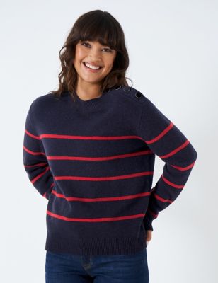 Crew Clothing Womens Lambswool Rich Striped Button Detail Jumper - 10 - Navy Mix, Navy Mix
