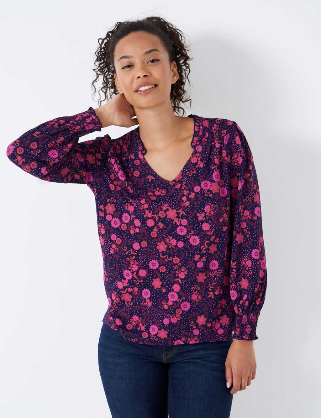 Floral V-Neck Shirred Blouson Sleeve Blouse image 1