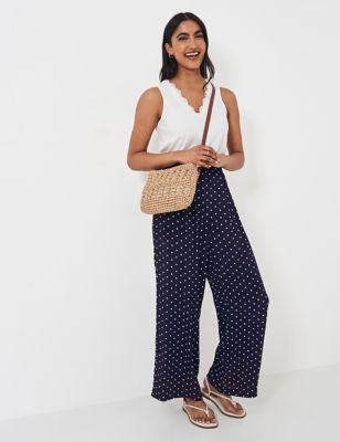 Crew Clothing Women's Pure Cotton Polka Dot Wide Leg Trousers - 10 - Navy, Navy