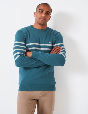 Crew Clothing Mens Pure Cotton Chest Stripe Crew Neck Jumper - XXL - Teal Mix, Teal Mix