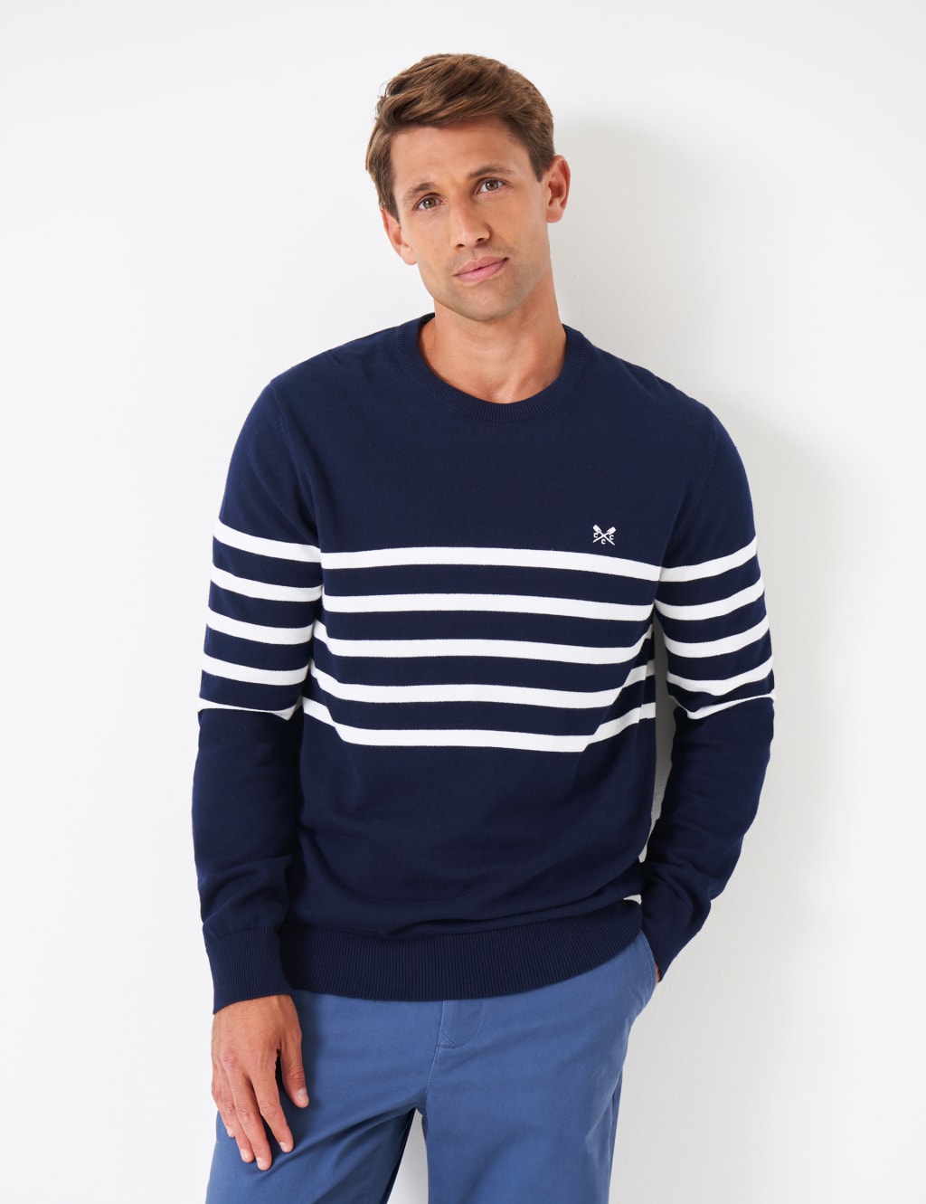 Pure Cotton Chest Stripe Crew Neck Jumper image 1