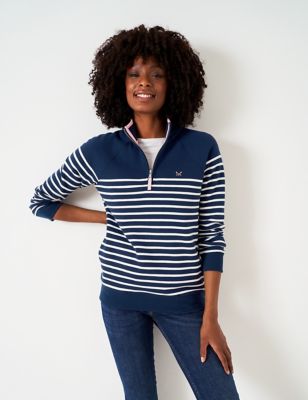 Crew Clothing Women's Cotton Rich Striped Half Zip Sweatshirt - 6 - Blue Mix, Blue Mix