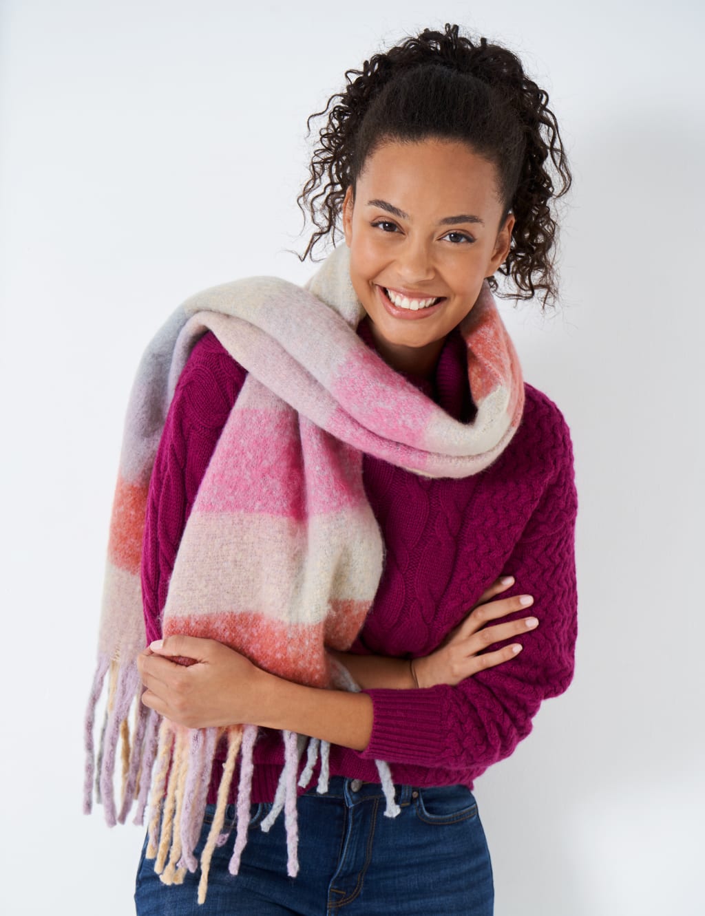 Chunky Knitted Checked Fringed Scarf image 1