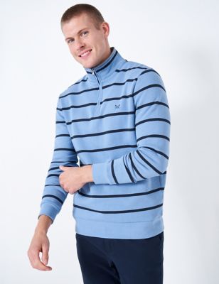 Crew Clothing Mens Cotton Rich Striped Half Zip Sweatshirt - XL - Light Blue Mix, Light Blue Mix