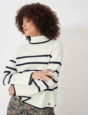 Crew Clothing Womens Lambswool Rich Striped Roll Neck Jumper - 12 - White Mix, White Mix