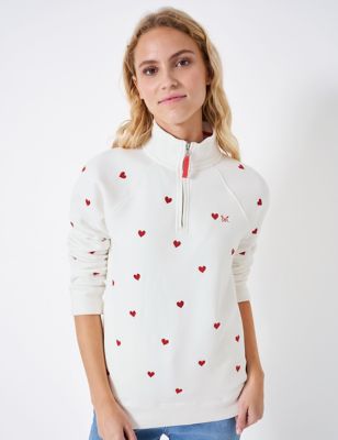 Crew Clothing Womens Cotton Rich Heart Embroidery Half Zip Sweatshirt - 10 - White Mix, White Mix