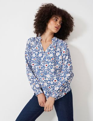 Crew Clothing Womens Floral V-Neck Frill Detail Popover Blouse - 8 - Blue Mix, Blue Mix
