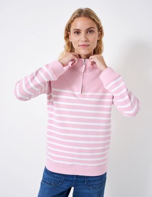 Crew Clothing Womens Cotton Rich Striped Half Zip Sweatshirt - 6 - Pink Mix, Pink Mix,White Mix