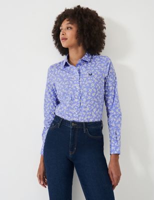 Crew Clothing Women's Pure Cotton Ditsy Floral Collared Shirt - 12 - Blue Mix, Blue Mix