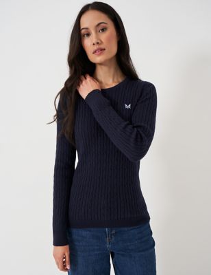 Crew Clothing Women's Cotton Rich Cable Knit Crew Neck Jumper - 14 - Navy, Navy,Jade,Light Blue