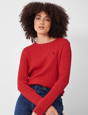 Crew Clothing Women's Cotton Rich Cable Knit Crew Neck Jumper - 8 - Bright Red, Bright Red