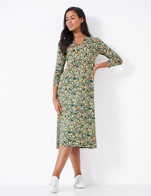 Crew Clothing Women's Jersey Floral V-Neck Midi Waisted Dress - 16 - Green Mix, Green Mix