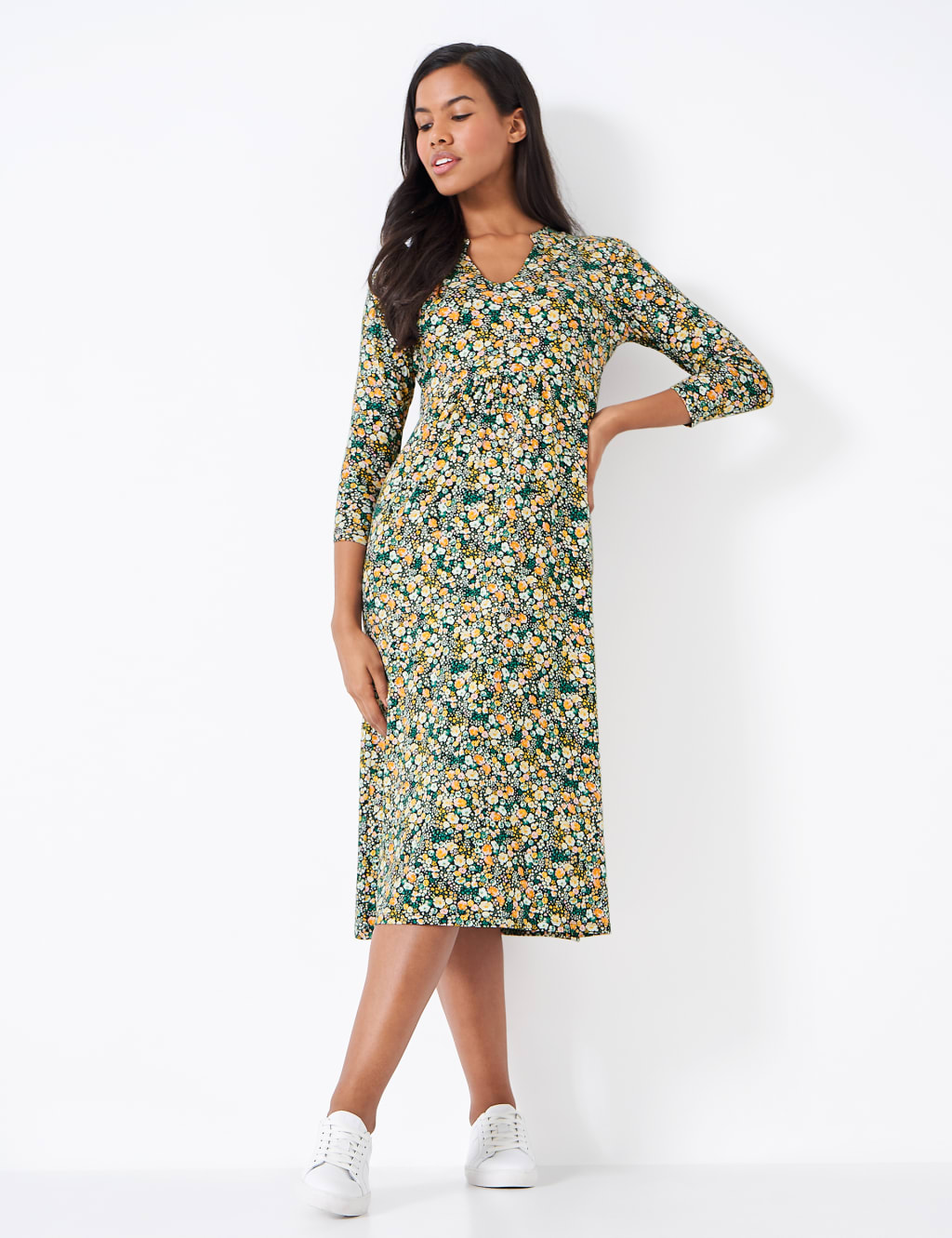 Jersey Floral V-Neck Midi Waisted Dress