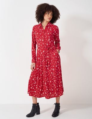 Crew Clothing Womens Floral Tie Waist Midi Shirt Dress - 6 - Red Mix, Red Mix