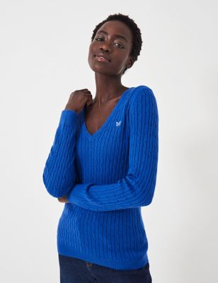 Crew Clothing Womens Cotton Rich Cable Knit V-Neck Jumper - 6 - Bright Blue, Bright Blue,Dusky Rose,
