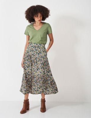 Crew Clothing Womens Floral Midi Tiered Skirt - 12 - Green Mix, Green Mix