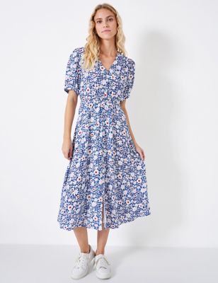 Crew Clothing Women's Floral V-Neck Midi Tea Dress - 8 - Blue Mix, Blue Mix