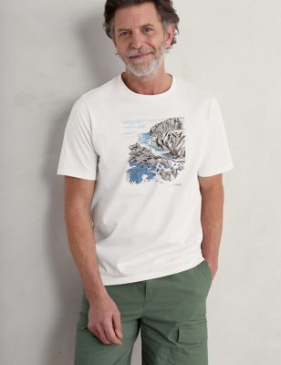 Seasalt Cornwall Mens Pure Cotton Landscape Graphic T-Shirt - White Mix, White Mix