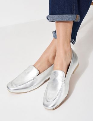 Crew Clothing Womens Leather Metallic Flat Loafers - 36 - Silver, Silver