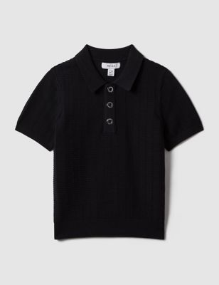 Reiss Boy's Cotton Blend Textured Polo Shirt (3-14 Yrs) - 9-10Y - Dark Blue, Dark Blue