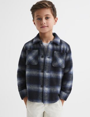 Reiss Boy's Checked Shacket with Wool (3-14 Yrs) - 12-13 - Blue, Blue