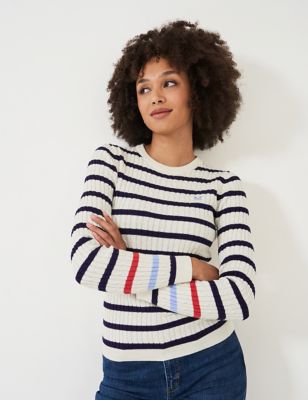 Crew Clothing Womens Cotton Rich Cable Knit Striped Jumper - 12 - White Mix, White Mix