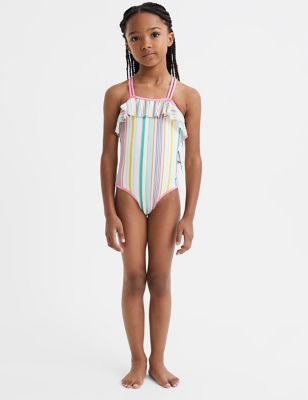 Reiss Girl's Striped Frill Swimsuit (4-13 Yrs) - 11-12 - Black Mix, Black Mix