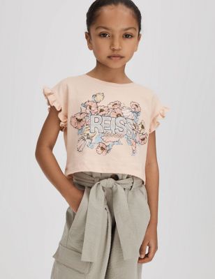 Reiss Girl's Pure Cotton Floral Frill T-Shirt (4-14 Yrs) - 5-6 Y - Pink, Pink