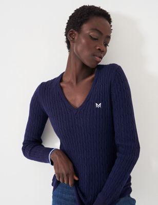 Crew Clothing Women's Cotton Rich Cable Knit V-Neck Jumper - 10 - Navy, Navy