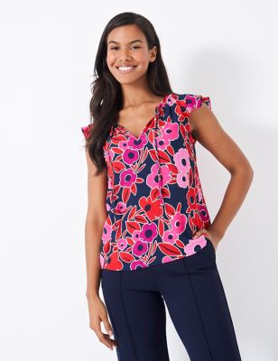 Crew Clothing Women's Floral Tie Neck Frill Sleeve Top - 8 - Pink Mix, Pink Mix