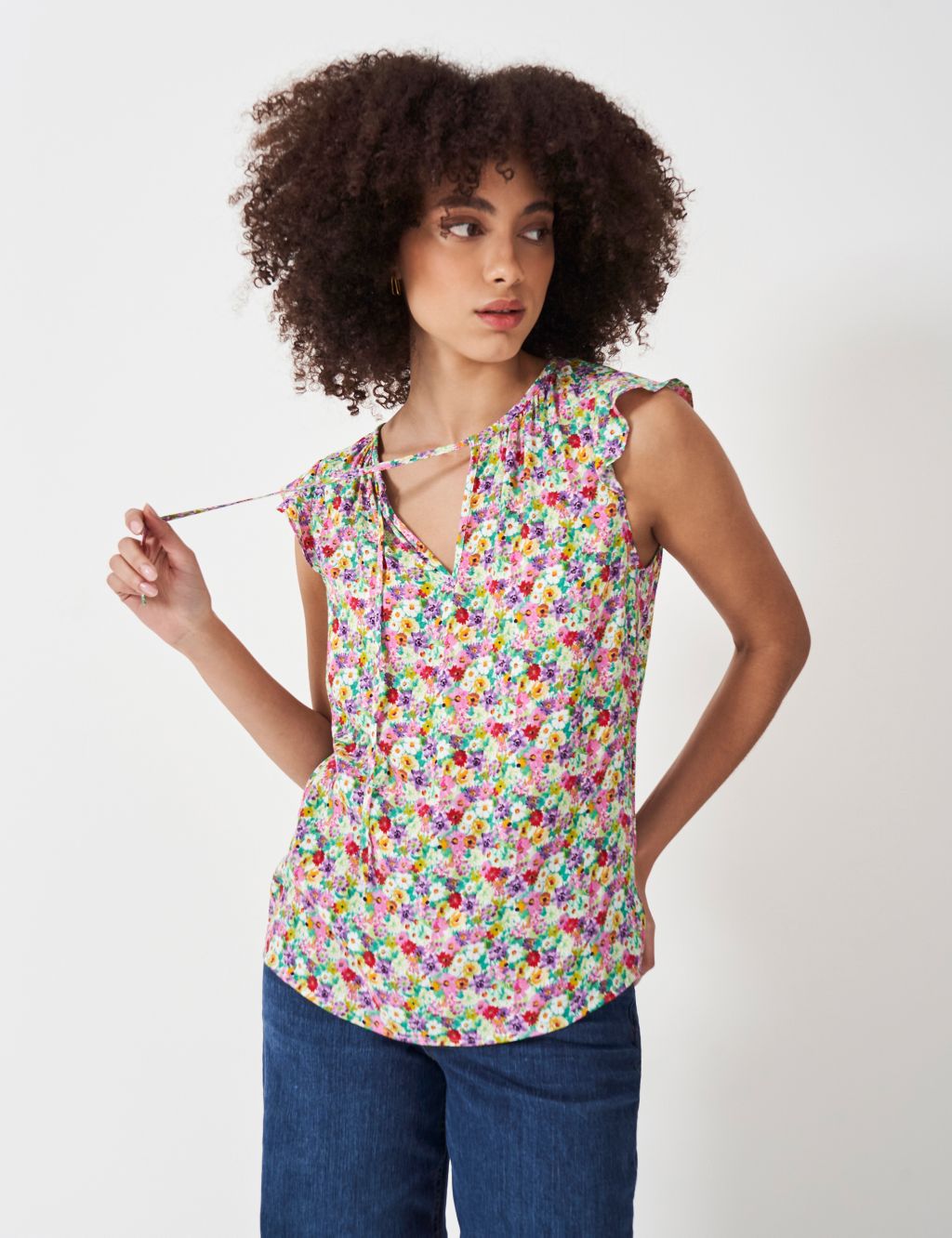 Ditsy Floral Tie Neck Frill Sleeve Top