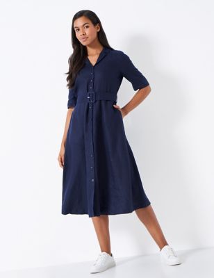 Crew Clothing Women's Pure Linen Belted Midi Shirt Dress - 14 - Navy, Navy,Bright Blue