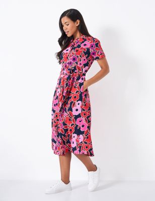 Crew Clothing Women's Floral Tie Waist Midi Shirt Dress - 12 - Pink Mix, Pink Mix