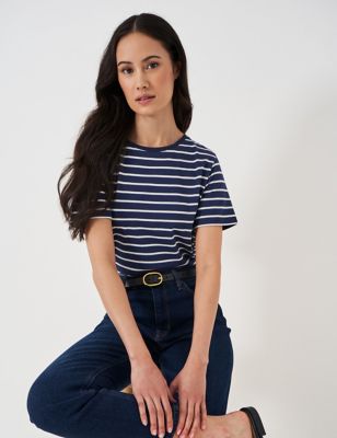Crew Clothing Women's Pure Cotton Striped T-Shirt - 8 - Navy Mix, Navy Mix,White Mix