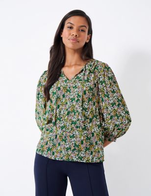 Crew Clothing Womens Printed Tie Neck Blouson Sleeve Blouse - 8 - Green Mix, Green Mix,Teal Mix