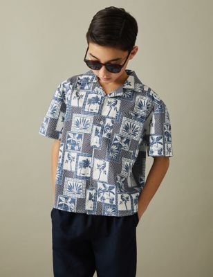 Reiss Boy's Cotton Rich Printed Shirt - 8-9 Y - Blue, Blue