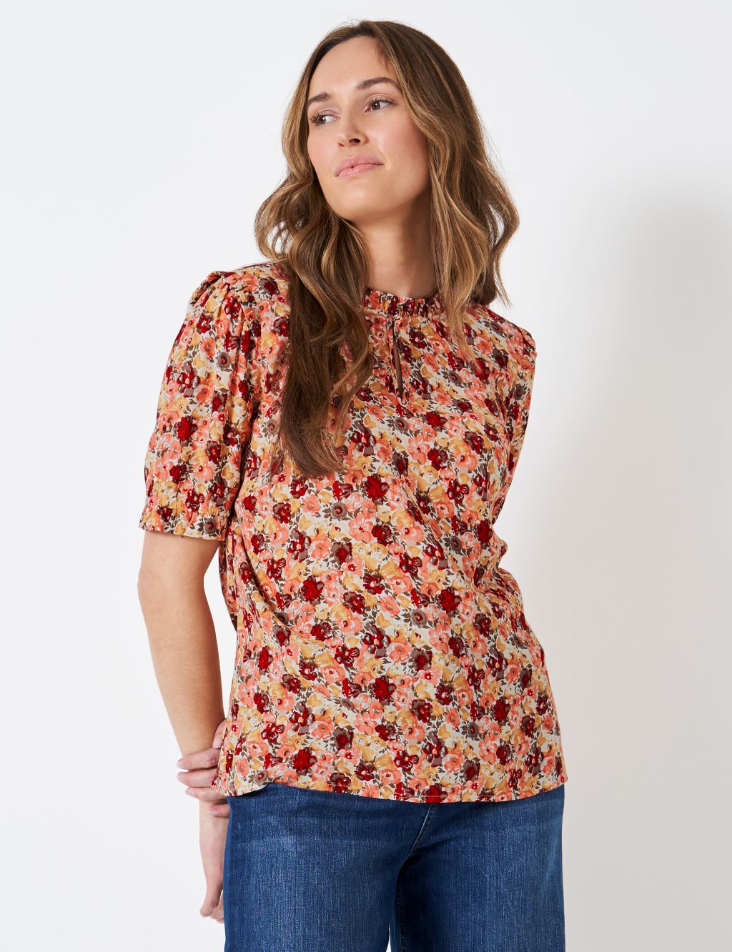 Ditsy Floral Crew Neck Puff Sleeve Blouse image 1