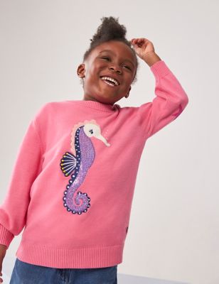 Crew Clothing Girl's Seahorse Sparkly Knitted Jumper (3-12 Yrs) - 6-7 Y - Pink, Pink
