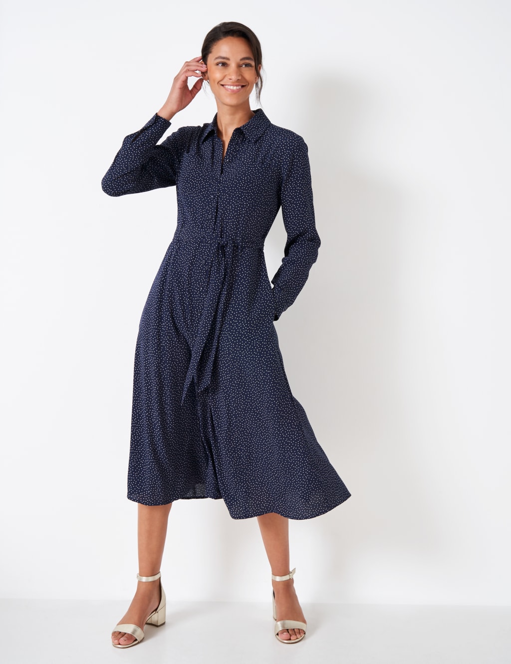 Polka Dot Tie Waist Midi Shirt Dress image 1