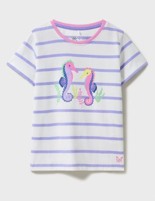 Crew Clothing Girl's Pure Cotton Seahorse Sequin T-Shirt (3-12 Yrs) - 8-9 Y - White Mix, White Mix