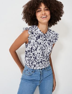 Crew Clothing Women's Cotton Rich Floral Pleat Detail Blouse and Linen - 12 - Navy Mix, Navy Mix