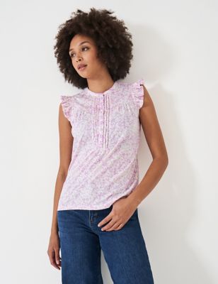 Crew Clothing Women's Cotton Rich Floral Pleat Detail Blouse with Linen - 10 - Purple Mix, Purple Mi