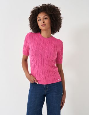 Crew Clothing Women's Pure Cotton Crew Neck Cable Knit Top - 18 - Bright Pink, Bright Pink,Navy