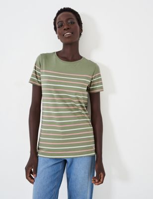 Crew Clothing Womens Pure Cotton Striped T-Shirt - 16 - Khaki Mix, Khaki Mix